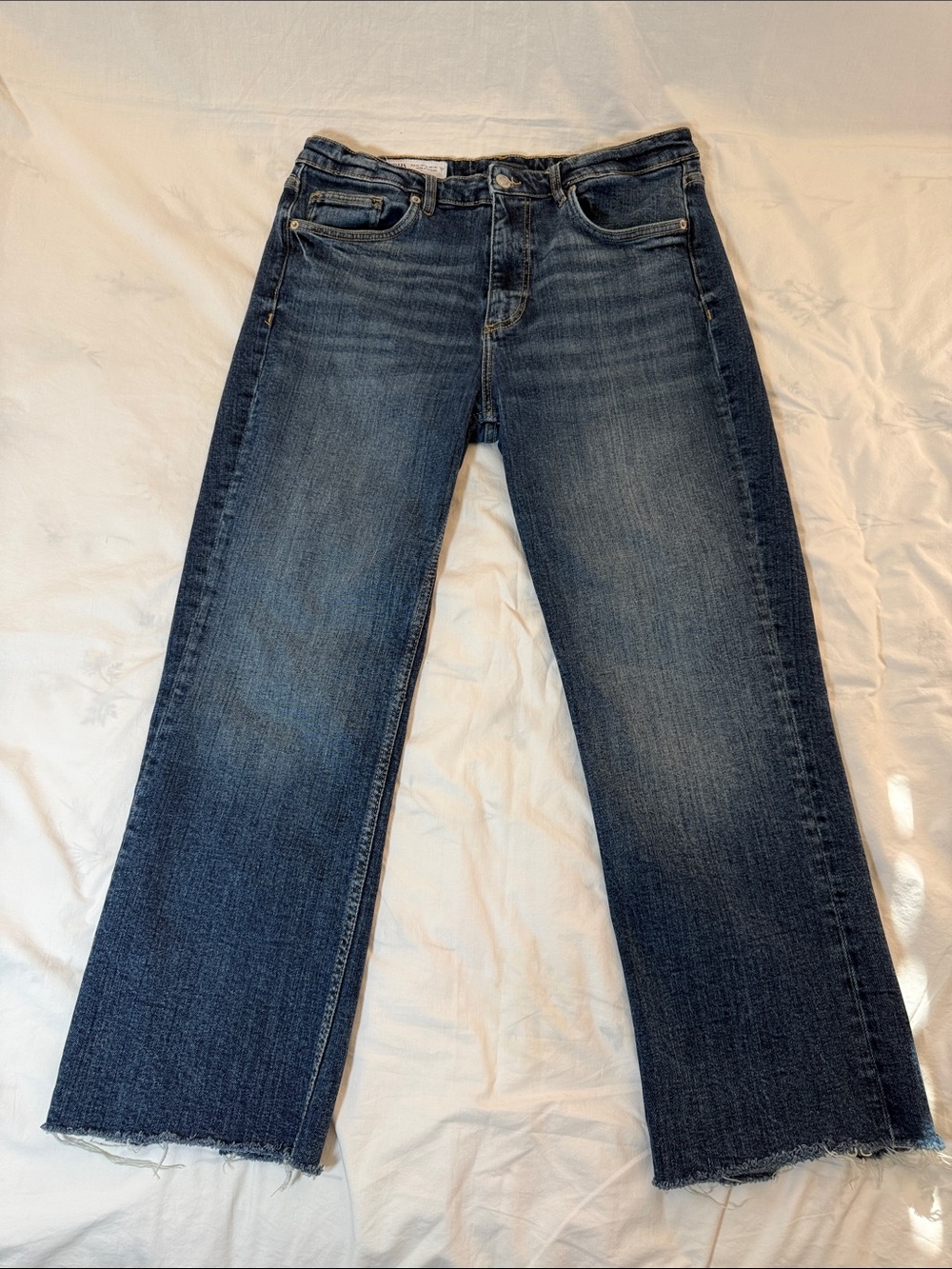 Zara Dark Blue Crop Straight-Leg Jeans with Faded Detailing